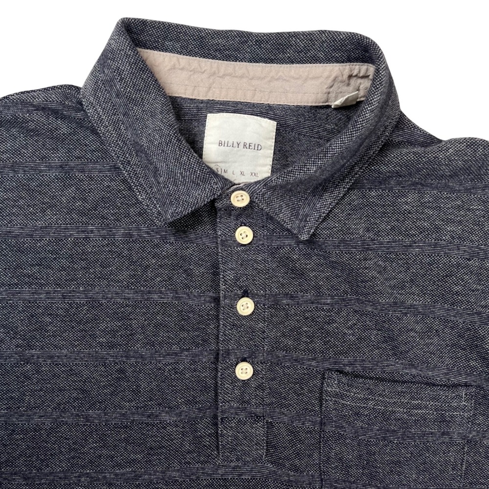 Billy Reid Polo Shirt Mens M Blue Gray Striped Short Sleeve Cotton Blend Pique